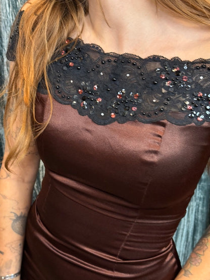 Dripping in Chocolate Brown Satin Formal Dress