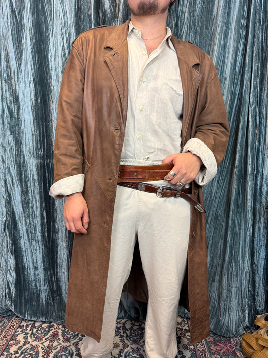 Smooth Whiskey Leather Trench Coat
