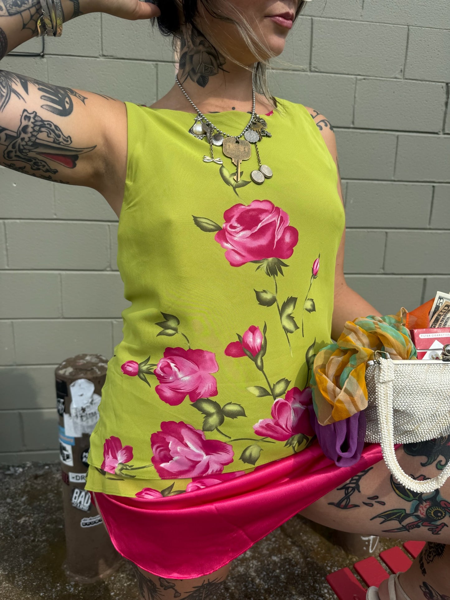 Vintage 1990's Chartreuse Rose Asymmetrical Top