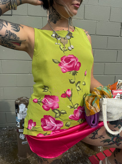 Vintage 1990's Chartreuse Rose Asymmetrical Top