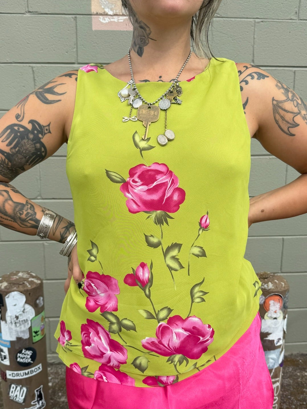 Vintage 1990's Chartreuse Rose Asymmetrical Top