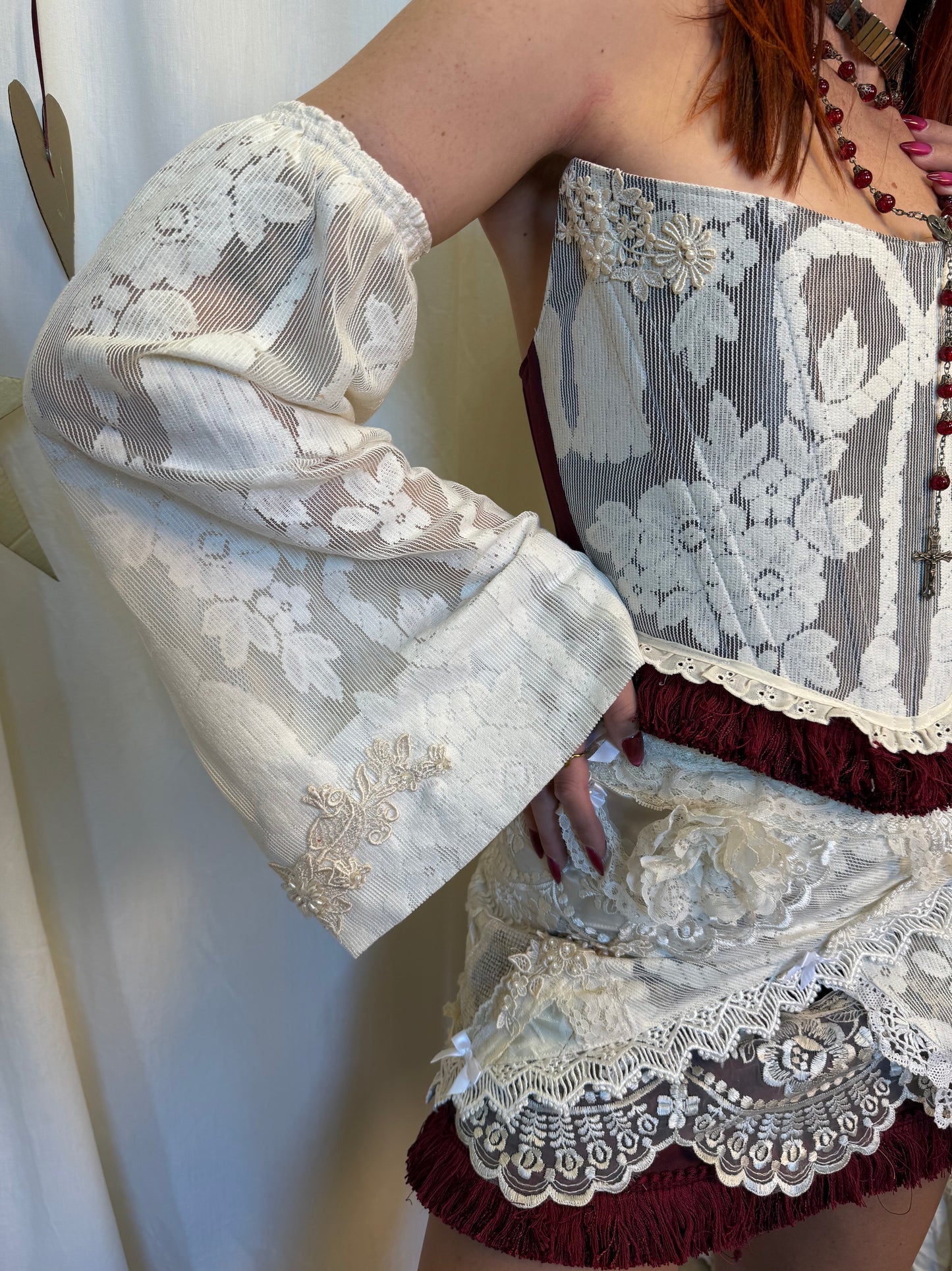 Handmade Romantic Bell Sleeve Corset and Collage Lace Mini Skirt Set