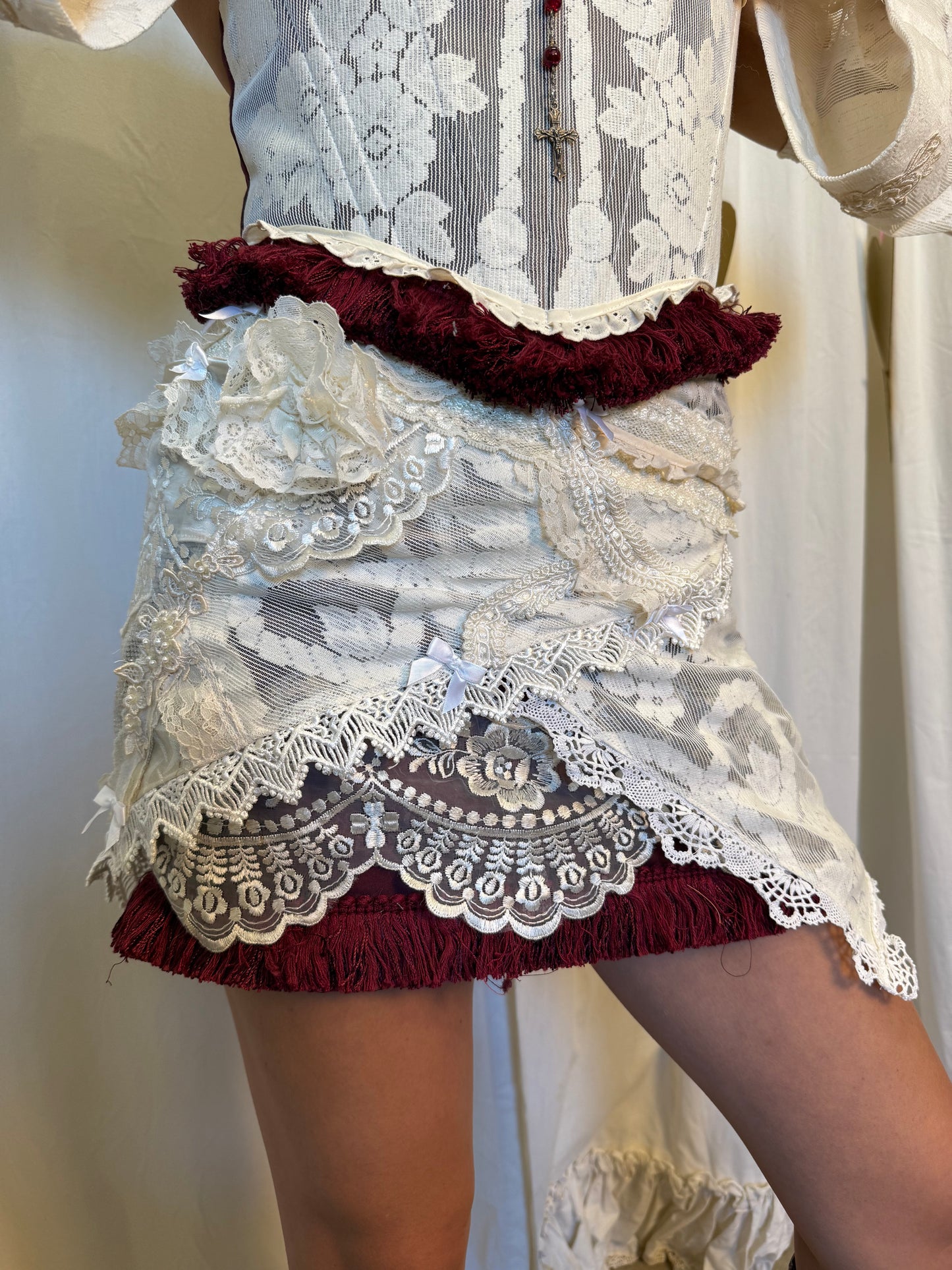 Handmade Romantic Bell Sleeve Corset and Collage Lace Mini Skirt Set