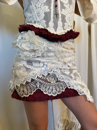 Handmade Romantic Bell Sleeve Corset and Collage Lace Mini Skirt Set