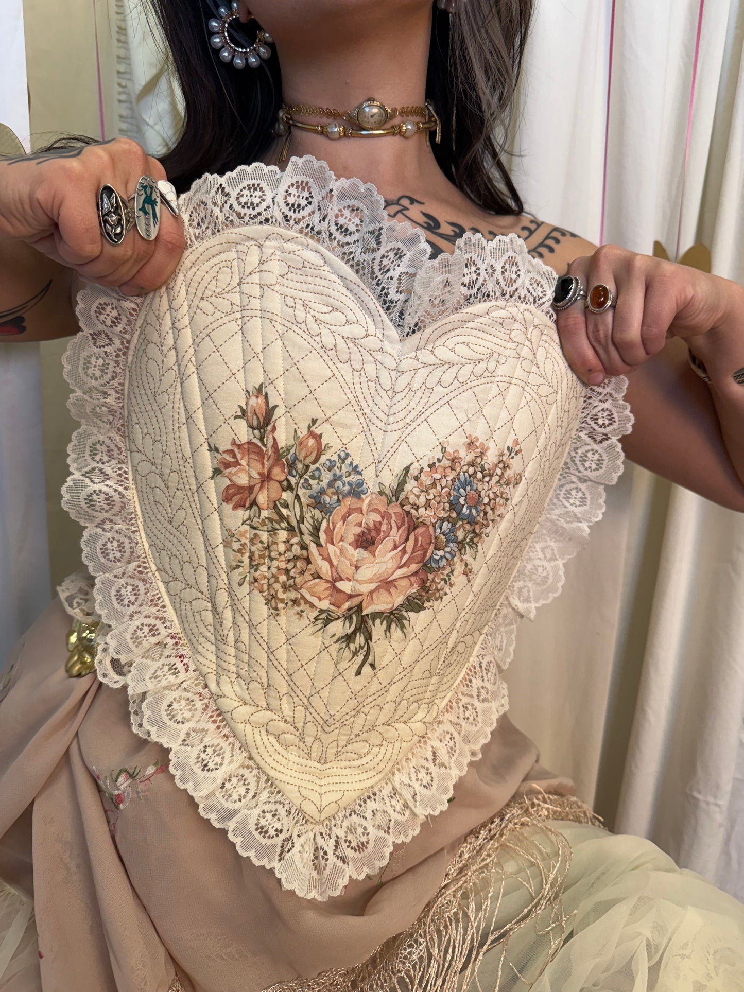 Handmade Upcyled Vintage Quilt Ruffle Heart Corset