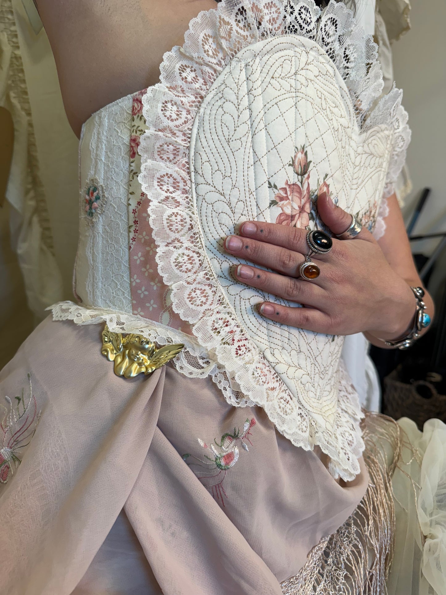 Handmade Upcyled Vintage Quilt Ruffle Heart Corset