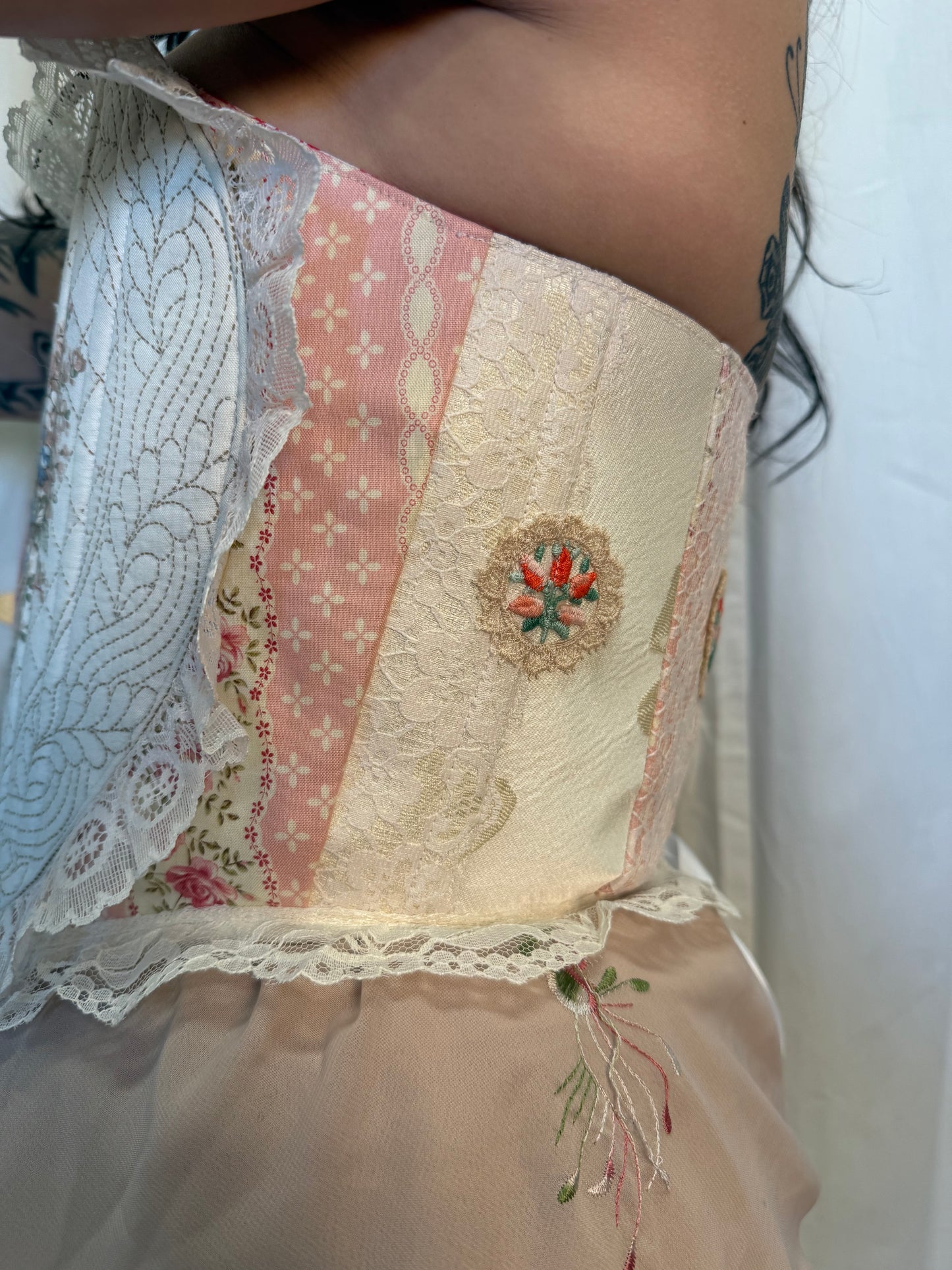 Handmade Upcyled Vintage Quilt Ruffle Heart Corset