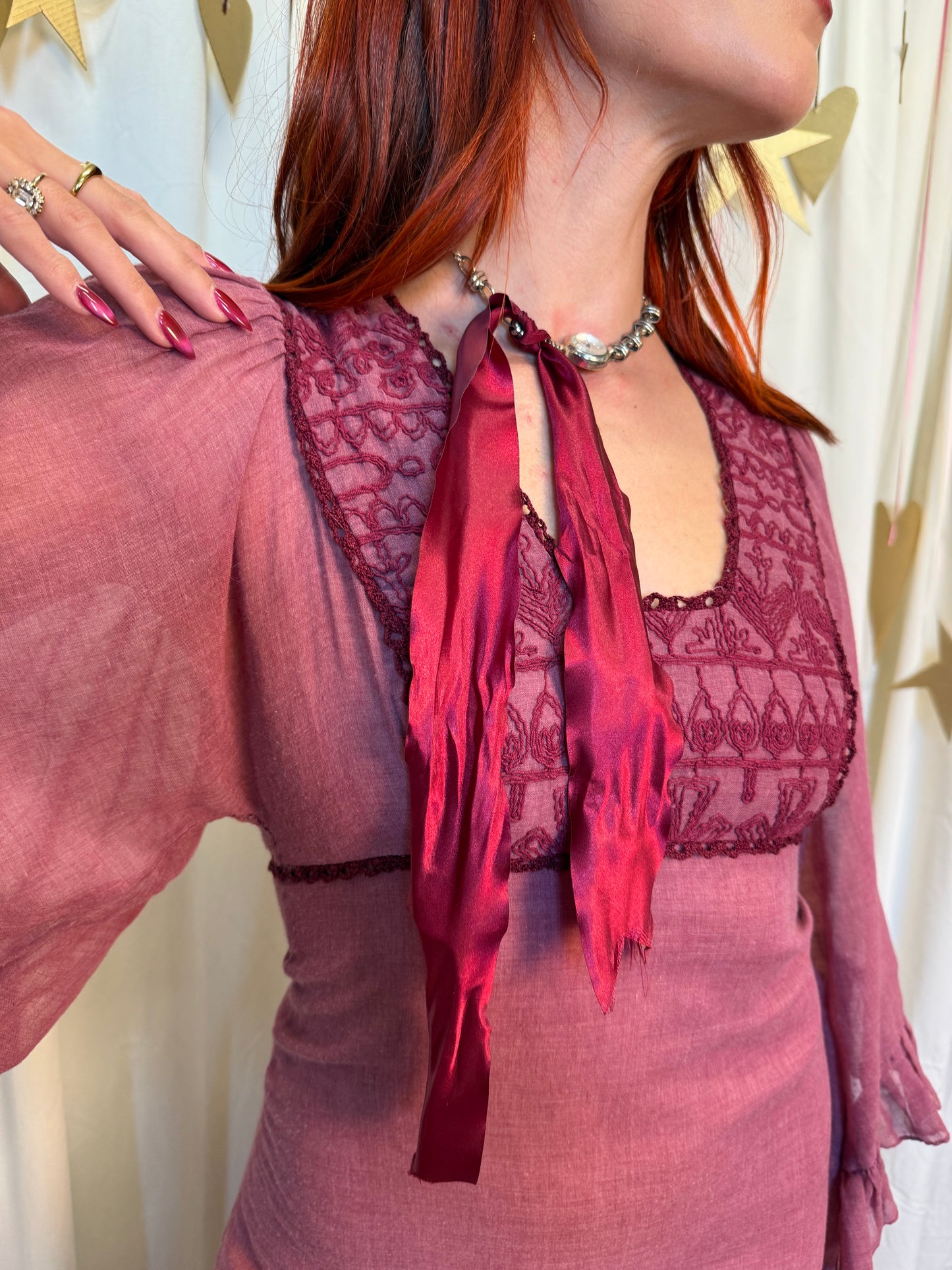 Vintage 1970's Red Wine Butterfly Dress