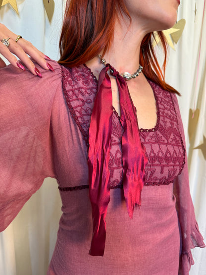 Vintage 1970's Red Wine Butterfly Dress