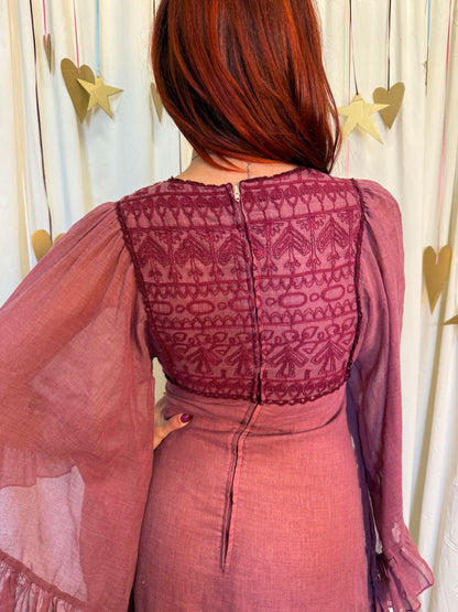 Vintage 1970's Red Wine Butterfly Dress