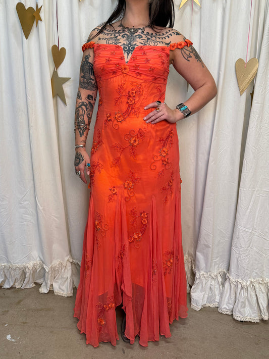 Vintage Y2k Silk Blood Orange Sunset Evening Gown