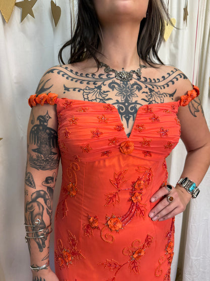 Vintage Y2k Silk Blood Orange Sunset Evening Gown