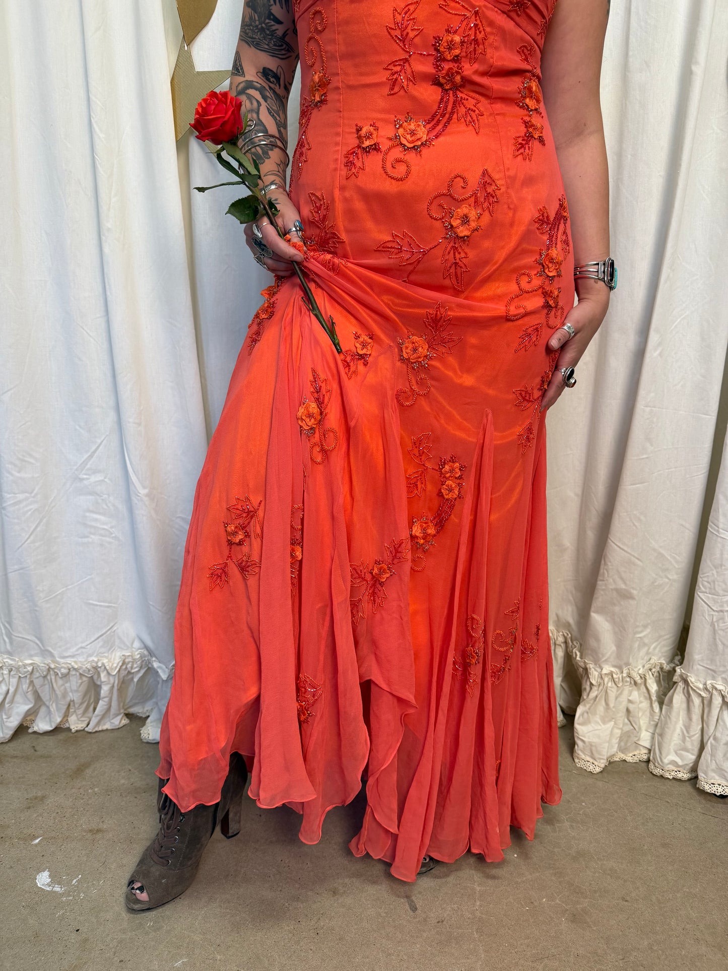 Vintage Y2k Silk Blood Orange Sunset Evening Gown