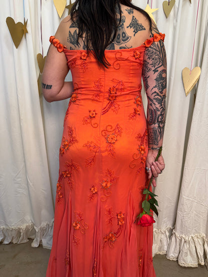 Vintage Y2k Silk Blood Orange Sunset Evening Gown