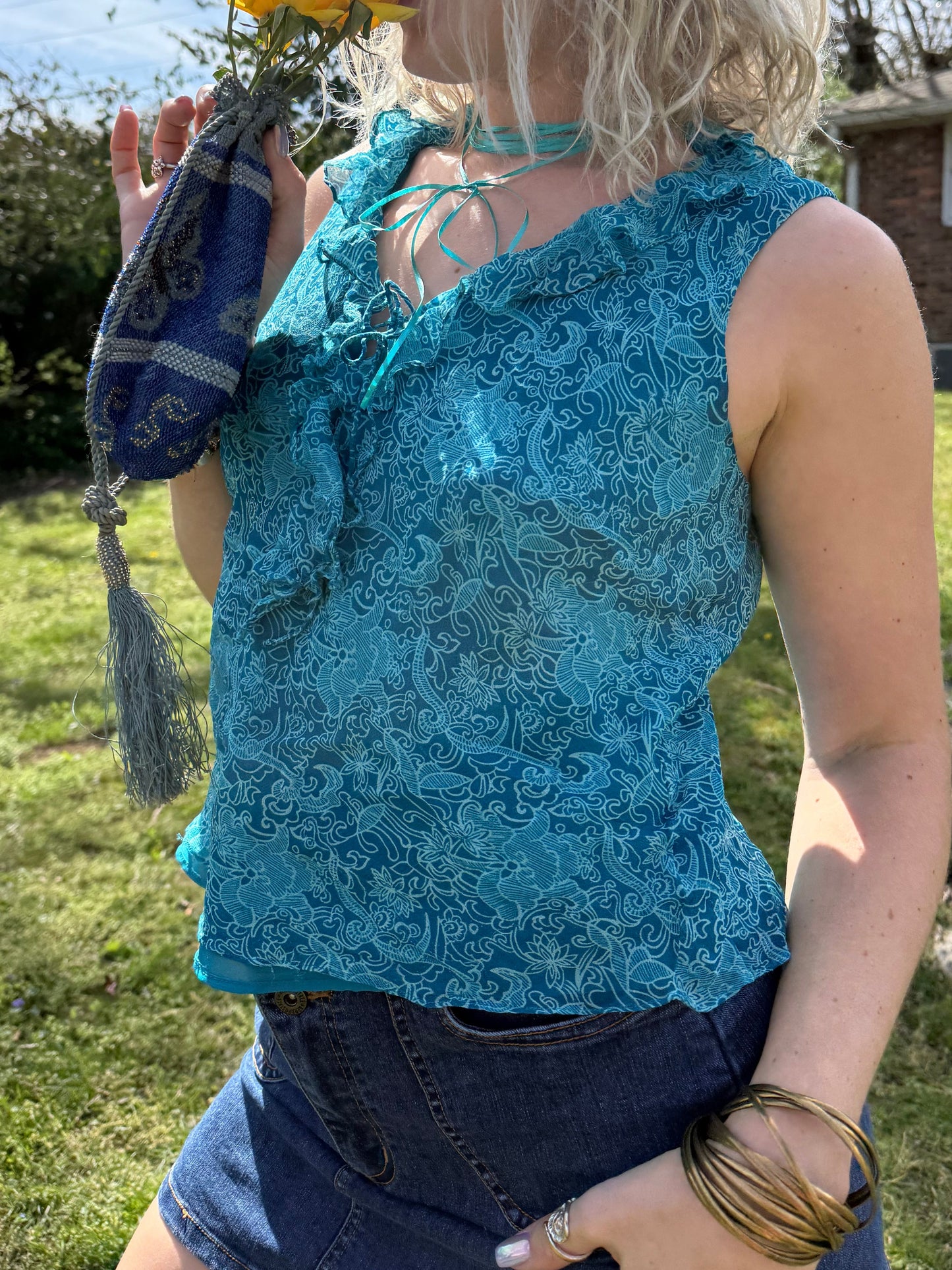 Y2K Aquamarine Silk Top